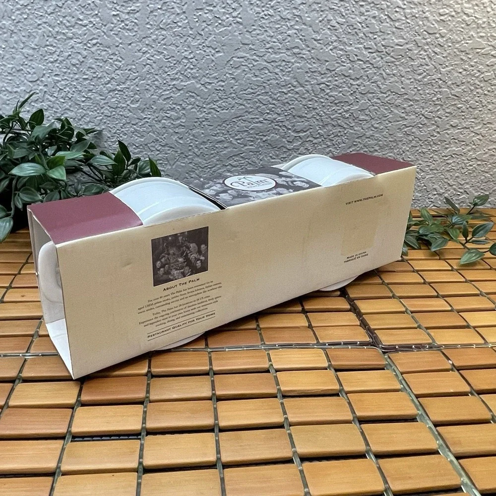 NIB The Palm Restaurant Mini Casserole Ramekin Set 2 White Porcelain Steakhouse